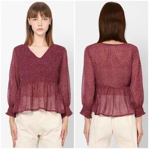 ONLY Women's Semi-Sheer Shirred Long Sleeve Peplum Top Women's Size S Red Floral